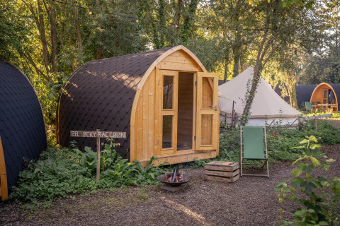 Premium - Solo Panorama Pod at RØSTIG in the Netherlands with wooden cabin, tent and forest scenery.