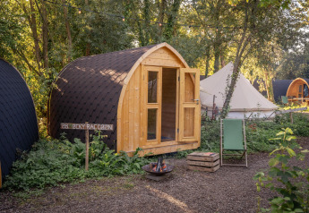 Premium - Solo Panorama Pod en RØSTIG, Países Bajos, con cabaña de madera, tienda y naturaleza verde.