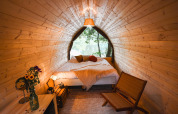 Premium Duo Panorama Pod en RØSTIG, Países Bajos, con paredes de madera, cama cómoda y vista al lago.