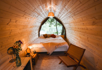 Premium Duo Panorama Pod bij RØSTIG in Nederland met houten wanden, knus bed en uitzicht op het meer.