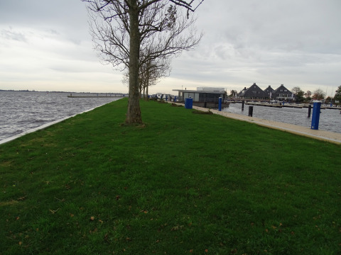 Césped verde junto al agua cerca del Houseboat 'Iere Fügel' en Friesland, Países Bajos, bajo cielo nublado.