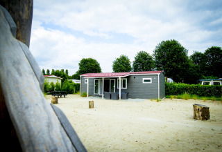 Dune Lodge bij Vakantiepark Duinhoeve in Nederland, met zand, bomen en terrasstoelen op de voorgrond.