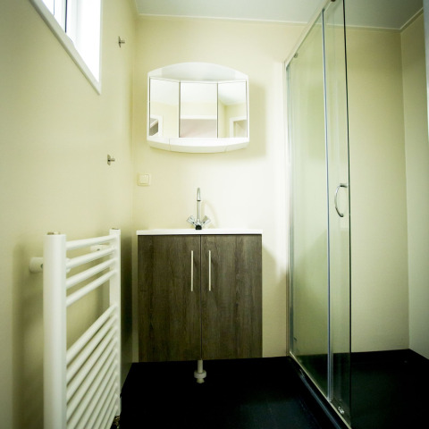 Modern bathroom with shower, sink cabinet, and mirror at Dune Lodge, Holiday Park Duinhoeve in the Netherlands.
