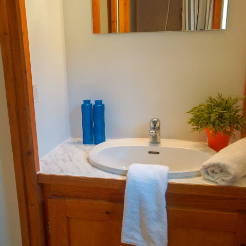 Et badeværelse i Chalet Borrèze på La Draille, Frankrig, med håndvask, spejl og håndklæder.