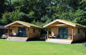 Twee tiny houses met grasdaken te midden van groen bij Camping de Koeksebelt in Nederland.