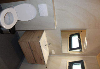 Baño en la tiny house Cuckoo's Nest en Camping de Koeksebelt, con inodoro, lavabo, espejo y ventana.