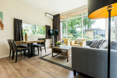 Lichte woonkamer in lodge Module II op Landgoed de Scheleberg, Nederland, met moderne inrichting en hoge ramen.