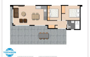 Grundriss einer Lodge mit zwei Schlafzimmern, Badezimmer, offener Küche und großer Terrasse mit Sitzgruppe.