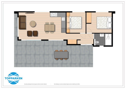 Plan d'une cabane avec deux chambres, une salle de bain, cuisine ouverte, salon et grande terrasse meublée.