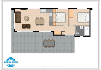 Plano de una cabaña con dos dormitorios, baño, sala de estar con cocina y una gran terraza amueblada.