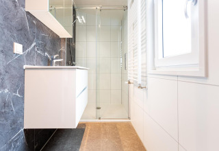 Moderne badeværelse på lodge med glasbrusekabine, vask og stort vindue der giver naturligt lys.