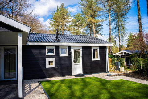 Heuvelrug Cottage with dark exterior, surrounded by pine trees and lawn at De Thijmse Berg, Netherlands.