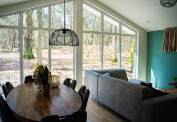 Lys og moderne opholdsstue i Heuvelrug Cottage med store vinduer og udsigt til skoven i Holland.
