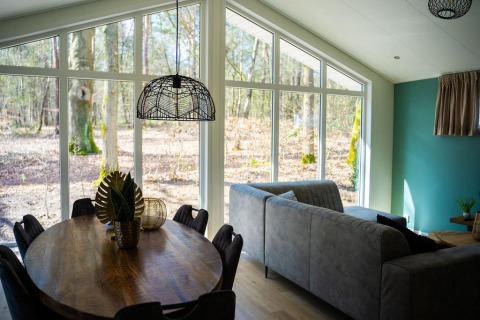 Bright modern living area of Heuvelrug Cottage with large windows overlooking woods at De Thijmse Berg, NL.