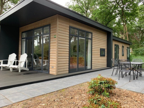 Modernes Tiny House namens Forest park chalet mit Terrasse im Ferienpark De Kleine Belties in den Niederlanden.