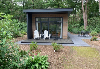 Moderne tiny house Forest park chalet i De Kleine Belties, Holland, omgivet af frodig grøn skov.