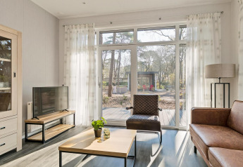 Lyst opholdsområde i Forest park chalet ved De Kleine Belties feriepark, med udsigt til skov i Holland.