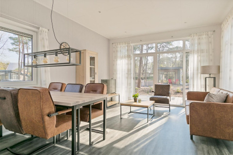 Helles Wohnzimmer mit modernen Möbeln und großen Fenstern im Forest park chalet, De Kleine Belties, Niederlande.