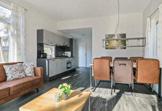 Helles Interieur im Forest park chalet, Holiday park De Kleine Belties, Niederlande mit Sofa und Esstisch.