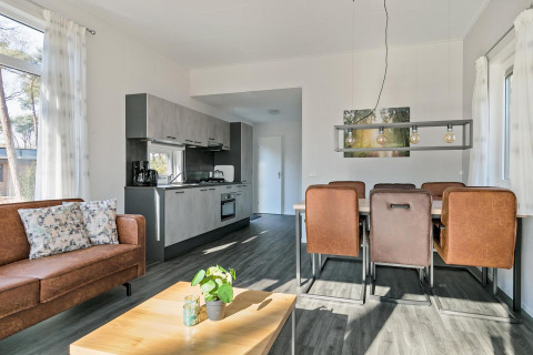 Licht interieur van het Forest park chalet op Holiday park De Kleine Belties, Nederland, met bank en eettafel.