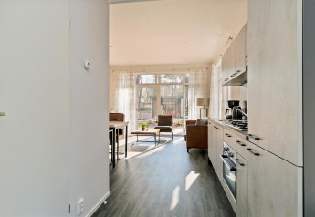 Lichte woonkamer en keuken in een tiny house bij Forest park chalet, Holiday park De Kleine Belties, Nederland.