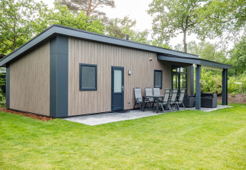 Forest Lodge DeLuxe ved Kampeerdorp de Zandstuve, moderne træhytte med terrasse i en grøn, skovklædt have.