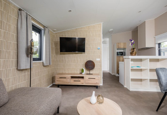Soggiorno moderno nella Forest Lodge DeLuxe a Kampeerdorp de Zandstuve, Paesi Bassi, con TV e divano confortevole.