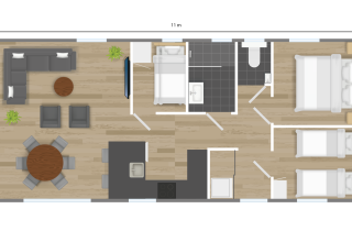 Plano de Forest Lodge DeLuxe en Kampeerdorp de Zandstuve, con tres dormitorios y zona de estar amplia.