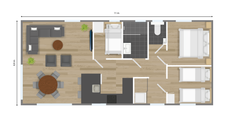 Plano de Forest Lodge DeLuxe en Kampeerdorp de Zandstuve, con tres dormitorios y zona de estar amplia.