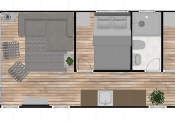 Plattegrond van een woonboot met woonkamer, keuken, twee slaapkamers, badkamer en twee terrassen.