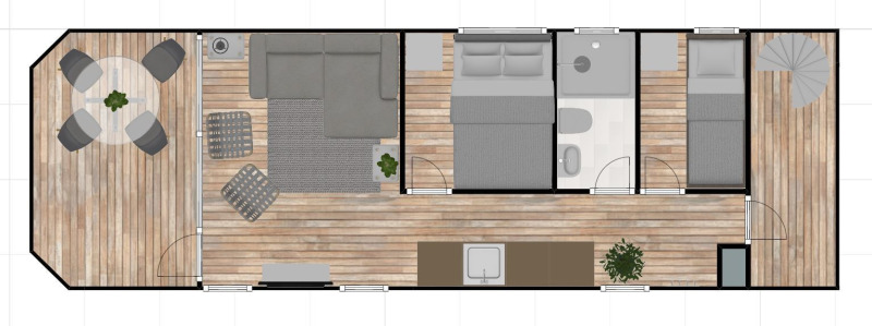Plano de una casa flotante con sala, cocina, dos dormitorios, baño y dos terrazas exteriores.