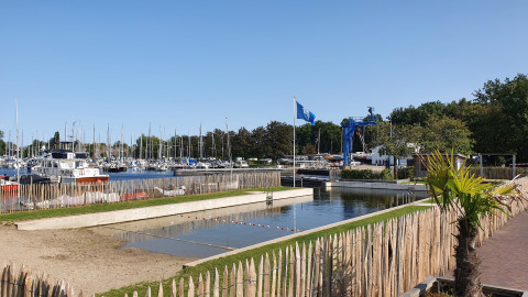 Alojamiento glamping con piscina, palmeras y vista al puerto deportivo con barcos en un día soleado.