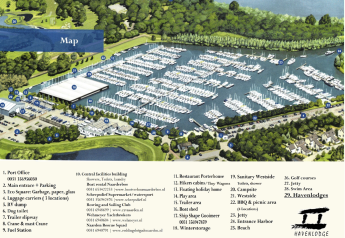 Kort over Marina Parcs Naarden med faciliteter og husbåde, herunder Havenlodge N i Holland.