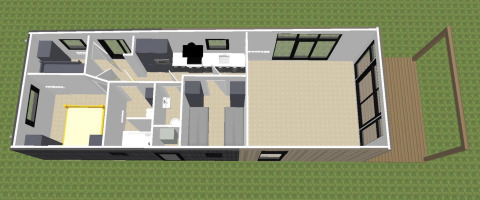 3D grondplan van de Sunlodge aan Holiday Park 't Rheezerwold met slaapkamers, leefruimte en terras.