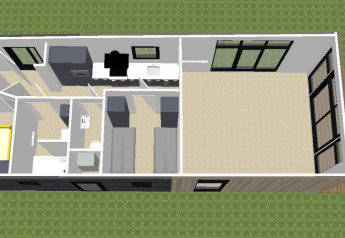 Plan 3D de la Sunlodge à Holiday Park 't Rheezerwold avec chambres, salon et terrasse extérieure.
