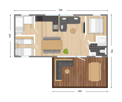 Plano de un chalet familiar en Kampeerdorp de Zandstuve, Países Bajos, con habitaciones, salón y terraza.