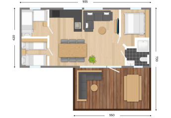 Plantegning af familiechalet hos Kampeerdorp de Zandstuve, viser værelser, stue og terrasse.