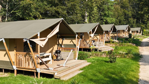 Flere safari-telte med terrasser på en grøn campingplads omgivet af træer under en solrig himmel.