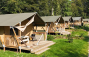 Flere safari-telte med terrasser på en grøn campingplads omgivet af træer under en solrig himmel.