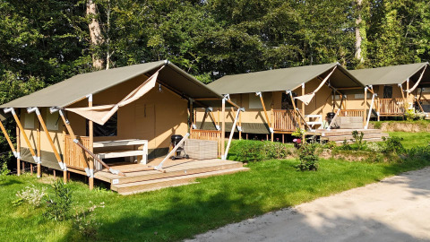 Lystbillede af moderne safaritelte på række i naturskøn campingplads omgivet af grønne træer og græs.