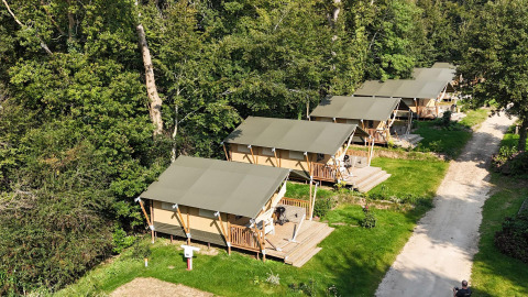 Luftfoto af safari telt i grøn skov, række med fem luksustelte langs en grusvej på campingplads.