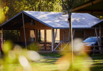 Safari-telt ved Rheezerlodge på Kampeerdorp de Zandstuve i Holland, omgivet af natur og træer.