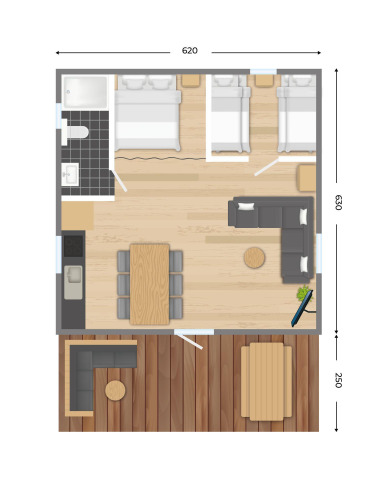 Plano del safari tent Rheezerlodge en Kampeerdorp de Zandstuve, Países Bajos, con disposición y muebles.