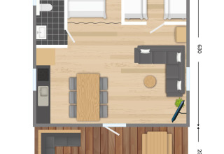 Plattegrond van safaritent Rheezerlodge bij Kampeerdorp de Zandstuve, Nederland, met inrichting en afmetingen.