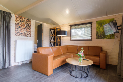 Soggiorno di un lodge moderno con divano angolare marrone, tavolo tondo, arte murale, lampada e TV.
