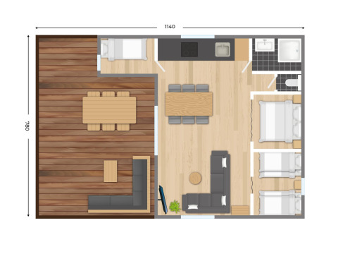Plano de una cabaña con tres dormitorios, baño, cocina, sala de estar y terraza espaciosa exterior.