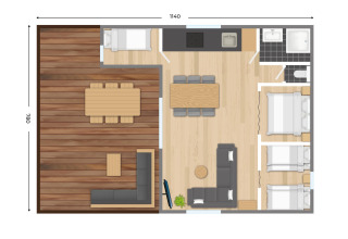 Plattegrond van een lodge met drie slaapkamers, een badkamer, woonkamer en een ruim terras buiten.