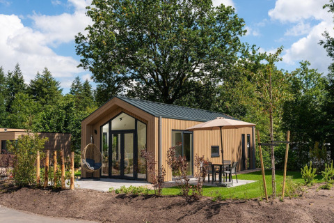 Moderna Tiny Lodge con terraza y sombrilla en Veluwepark de Bosgraaf, Países Bajos, rodeada de naturaleza.