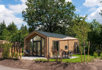 Moderne Tiny Lodge med terrasse og parasol ved Veluwepark de Bosgraaf i Holland omgivet af natur.