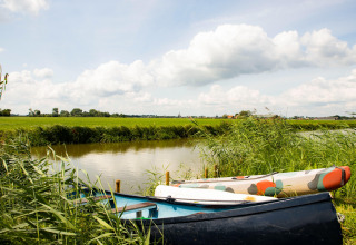 To både ligger skjult i det grønne græs ved en rolig kanal nær Dreumel, Gelderland, Holland, under en skyet himmel.